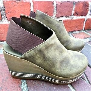 Antelope green mule style leather wedges sizes 36, 38, and 40